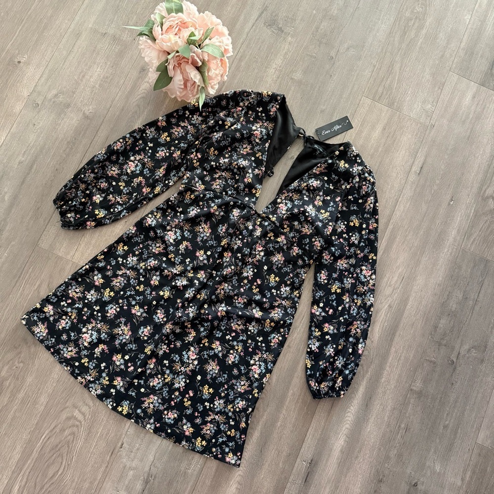 New Nordstrom Ever After Black‎ Floral Poof Sleeve Mini Dress